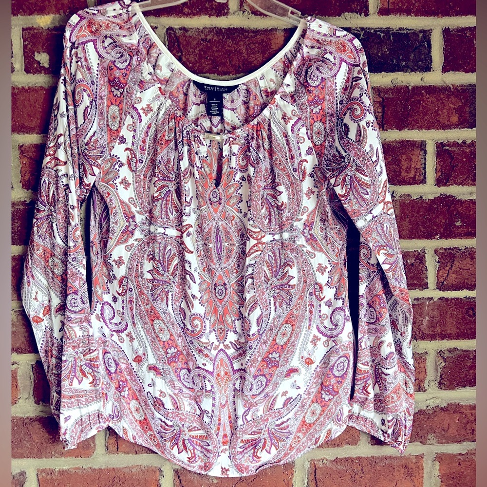 White House Black Market silky white, peach, purple and pink blouse.